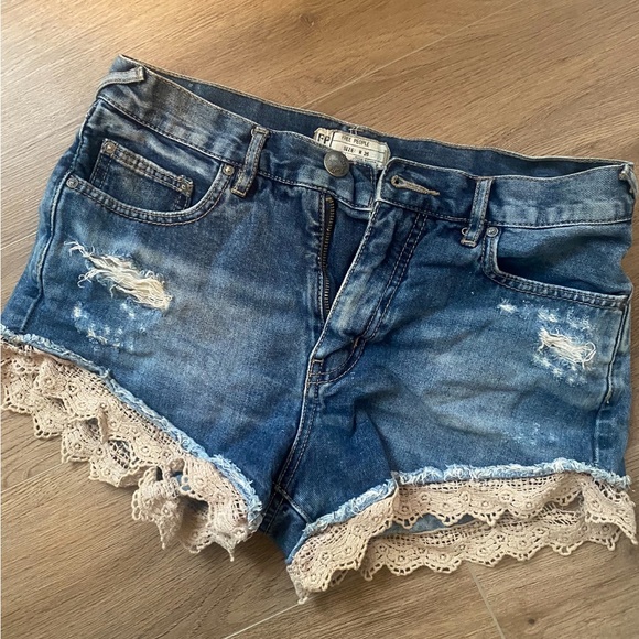 Free people distressed denim shorts with crochet detail - Picture 1 of 5